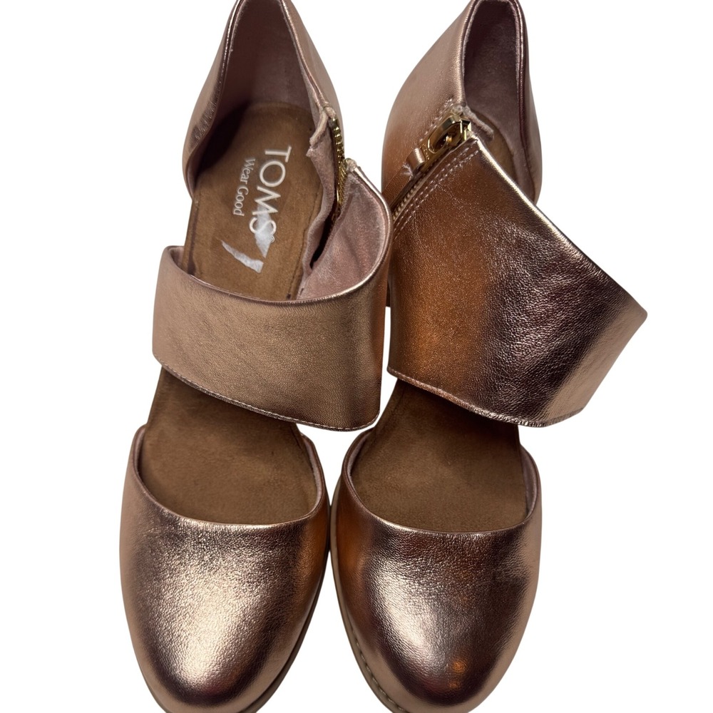 TOMS Majorca Cutout Sandals Rose Gold Metallic Block Heel Bootie Size 7